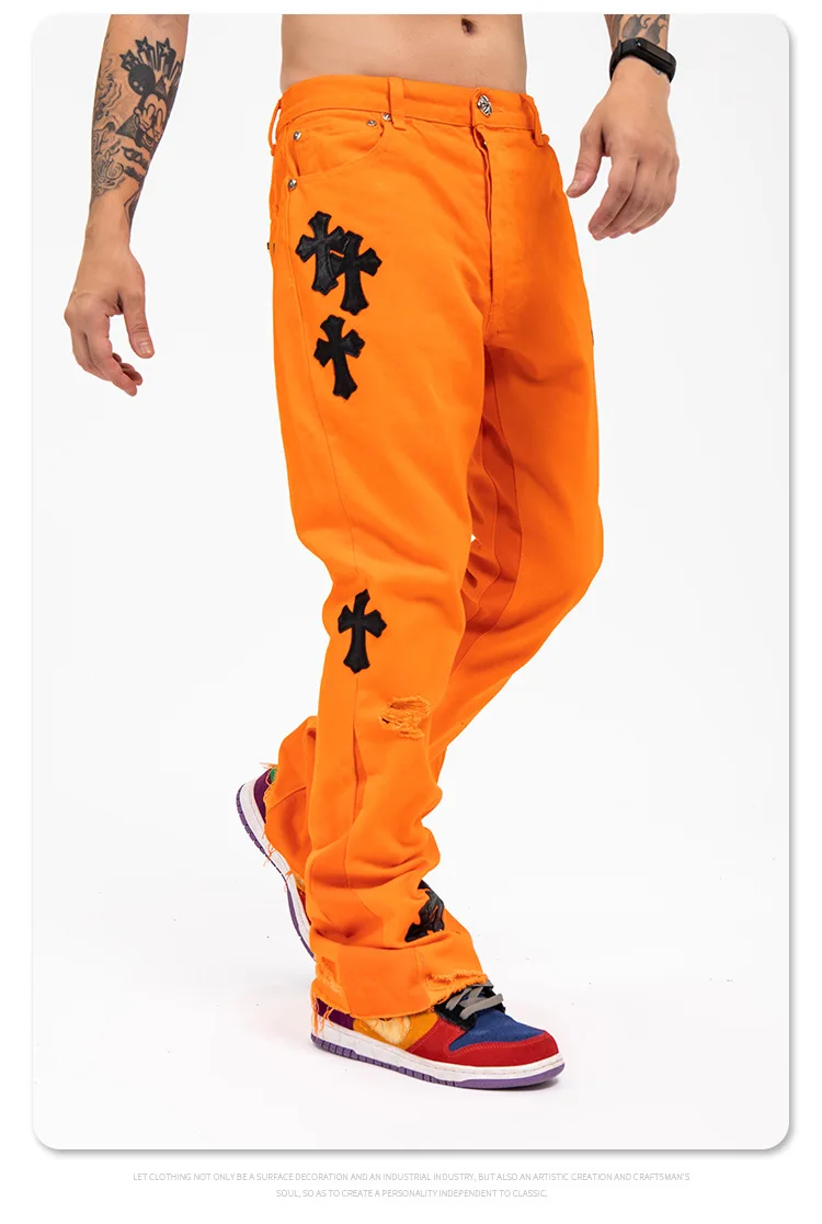 Men Frayed Leather Cross Embroidered 