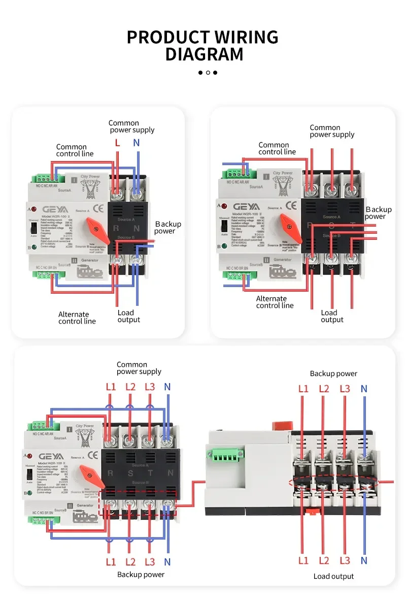 GEYA W2R ATS 110V 220V PC Dual Power Automatic Transfer Switch 63A 100A Household Power Transfer Switch 50/60Hz