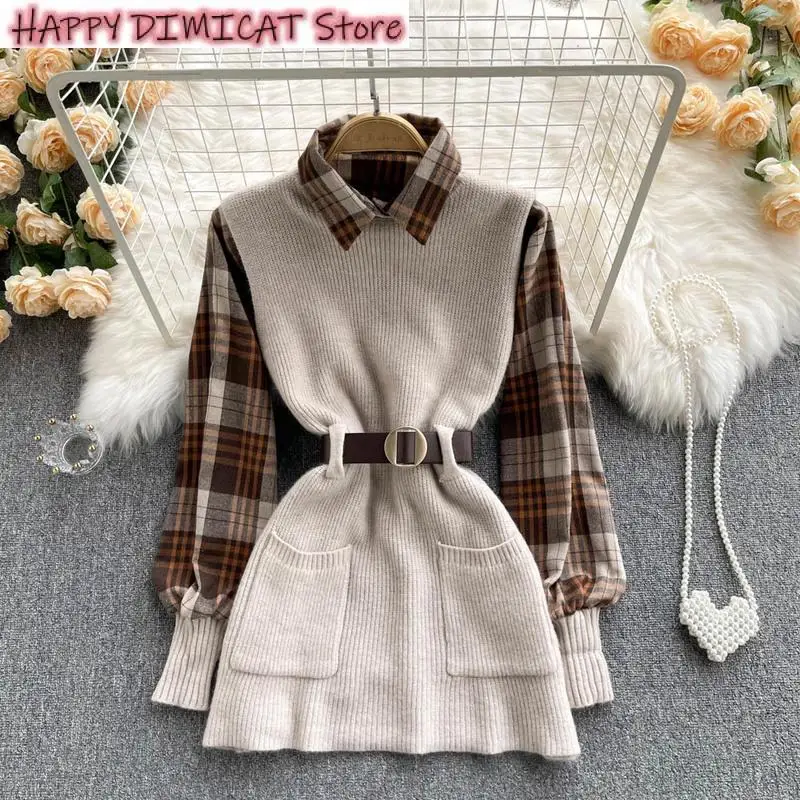 Womens Shirts Sets Autumn Winter Knitted Vest Two 2 Piece Set Women Long Sleeve Plaid Shirt Sleeveless Sweater Tops Suits women s dresses suit 2023 autumn casual v neck sleeveless dress