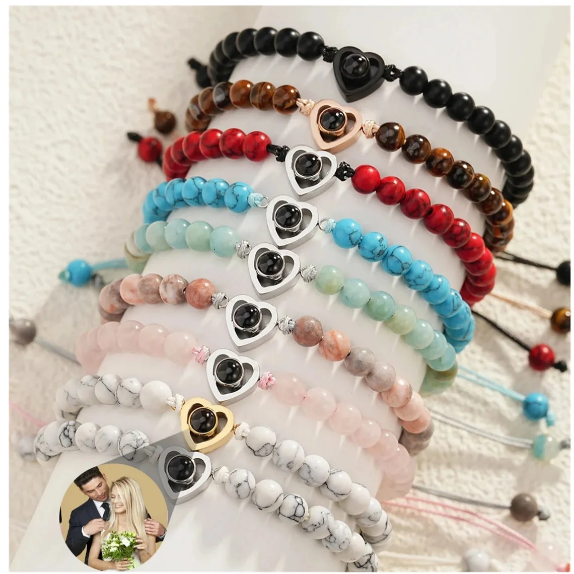 Natural Stone Bracelet With Custom Photo Projection Bracelet Personalized Natural Beads Heart Bracelet For Women Jewelry Gift