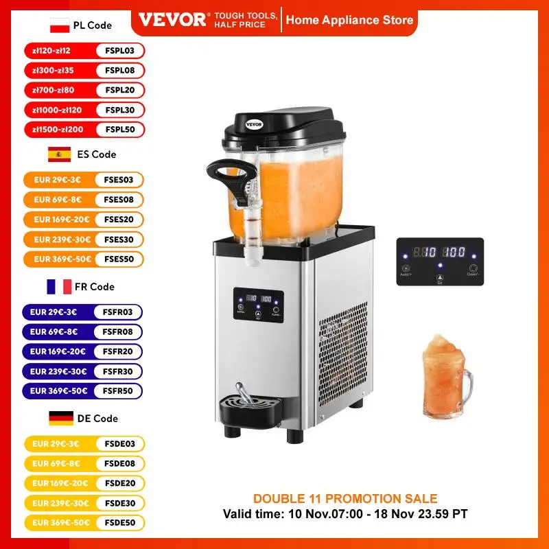 VEVOR Commercial Slushy Machine, 6L 25 Cups Single-Bowl, 300W Stainless Steel Margarita Smoothie Frozen Drink Maker, for Cafes