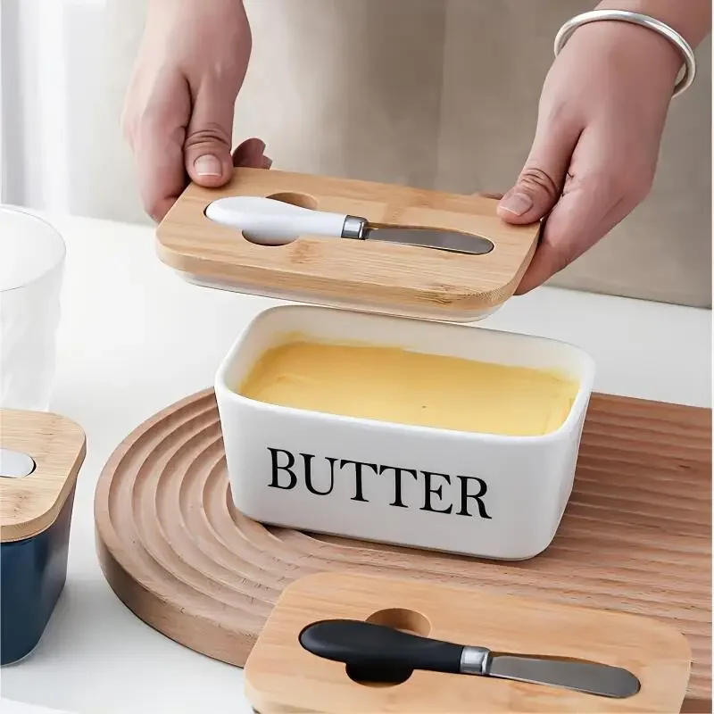 Ceramic Butter Boxes Dishes Cans Cheese Trays Vertical Containers Kitchen Food Storage Containers Round Wooden Covers butter storage box ceramic sauce dishes