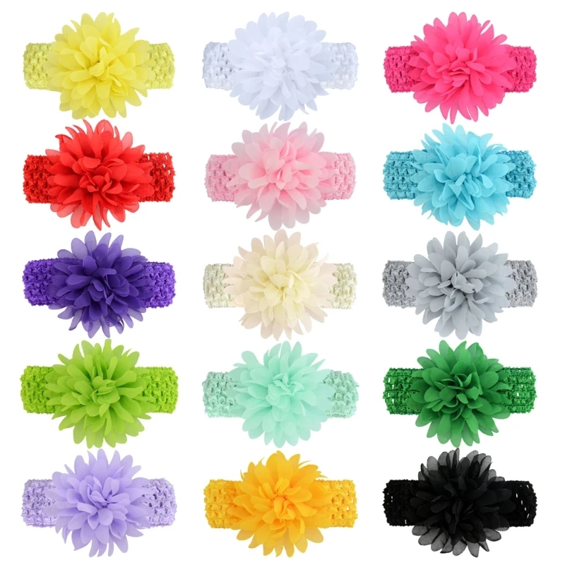 

F62D Baby Girls Mesh Flower Headband Elastic Crochet Children Hair Bands Newborn