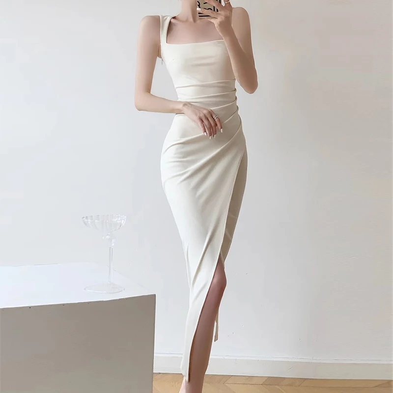 

Women Sexy Split Ruched Asymmetrical Bodycon Elegant Party Dresses 2024 Summer Fashion Sleeveless High Waist Midi Dress Vestidos