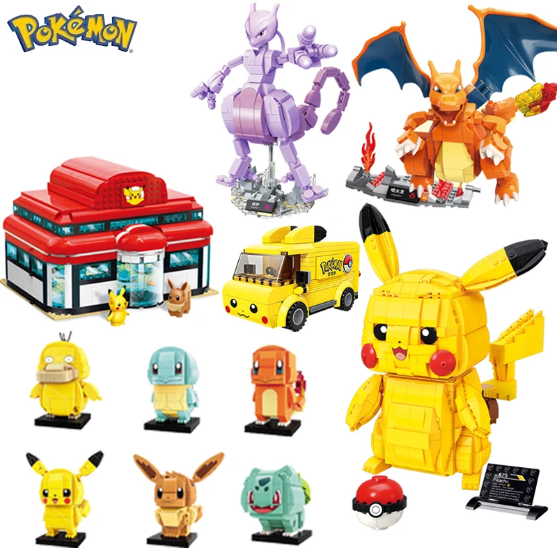 

2022 Classic Anime Pokemon Center House Pikachu Mewtwo Charizard Venusaur Building Blocks Bricks Sets Model DIY Toy For Gift