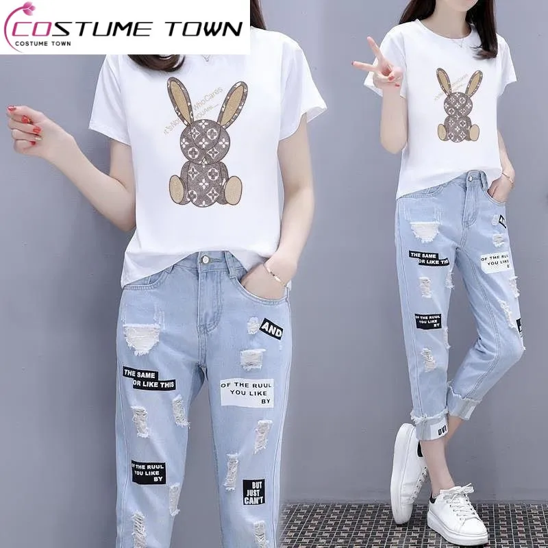 Two Piece Set 2023 Spring/Summer Korean Version New Fashion Short Sleeve T-shirt+Broken Jeans Two Piece Set Fashion