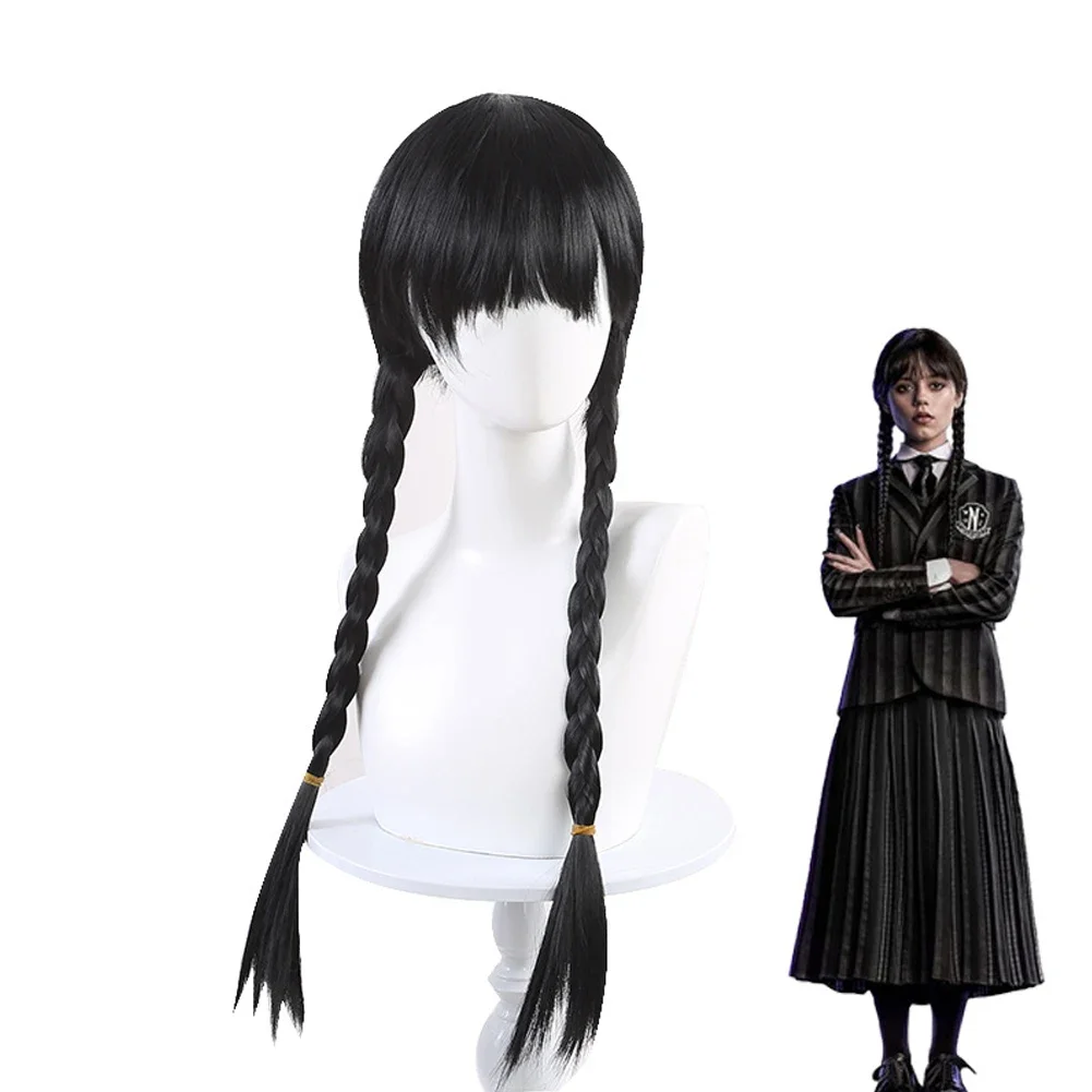 TV Wednesday Addams Cosplay Wig Adult Women Heat Resistant Long Black Braids Straight Synthetic Wigs Halloween Party Props