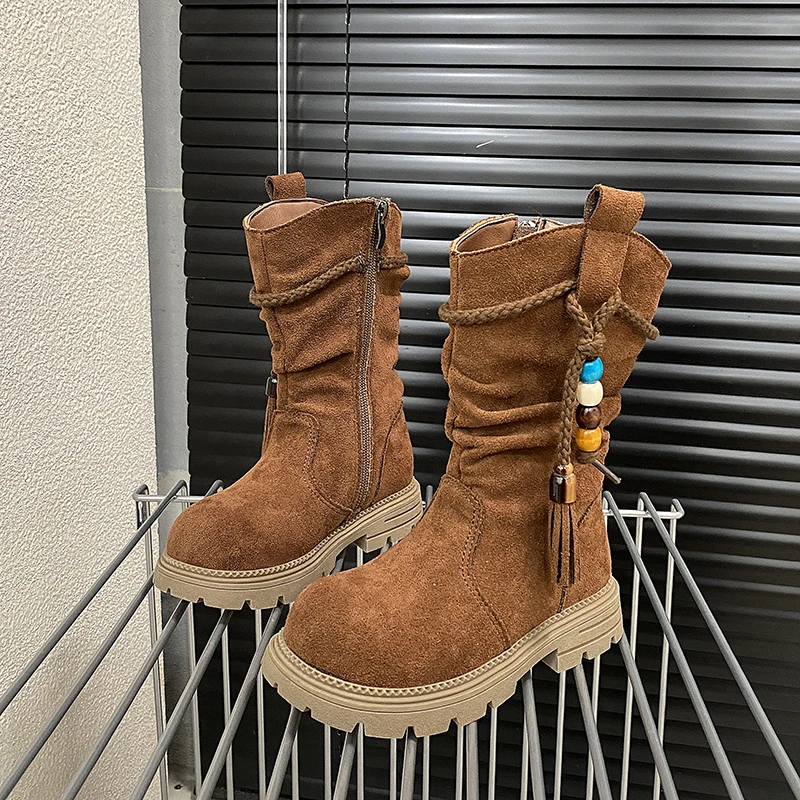 Girls Mid-calf Leather Boots Retro Style Children Fashion Boots Side Zipper Tassel Kids Chelsea Boots 2025 Autumn Winter New
