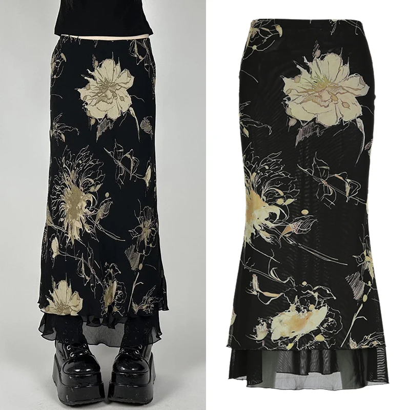 موضة الأزهار الأسود جماليات طبقة مزدوجة شبكة تنورة...