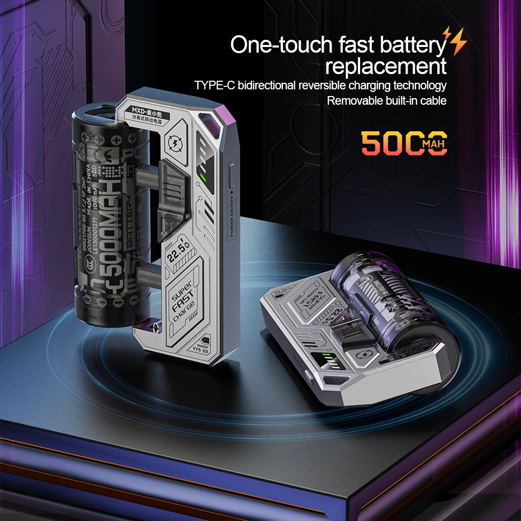 5000mAh 22.5W Fast Charging External Power Bank Battery Cyber​​​​​ Mech Style Portable Dual Port Removable Replaceable Battery 2