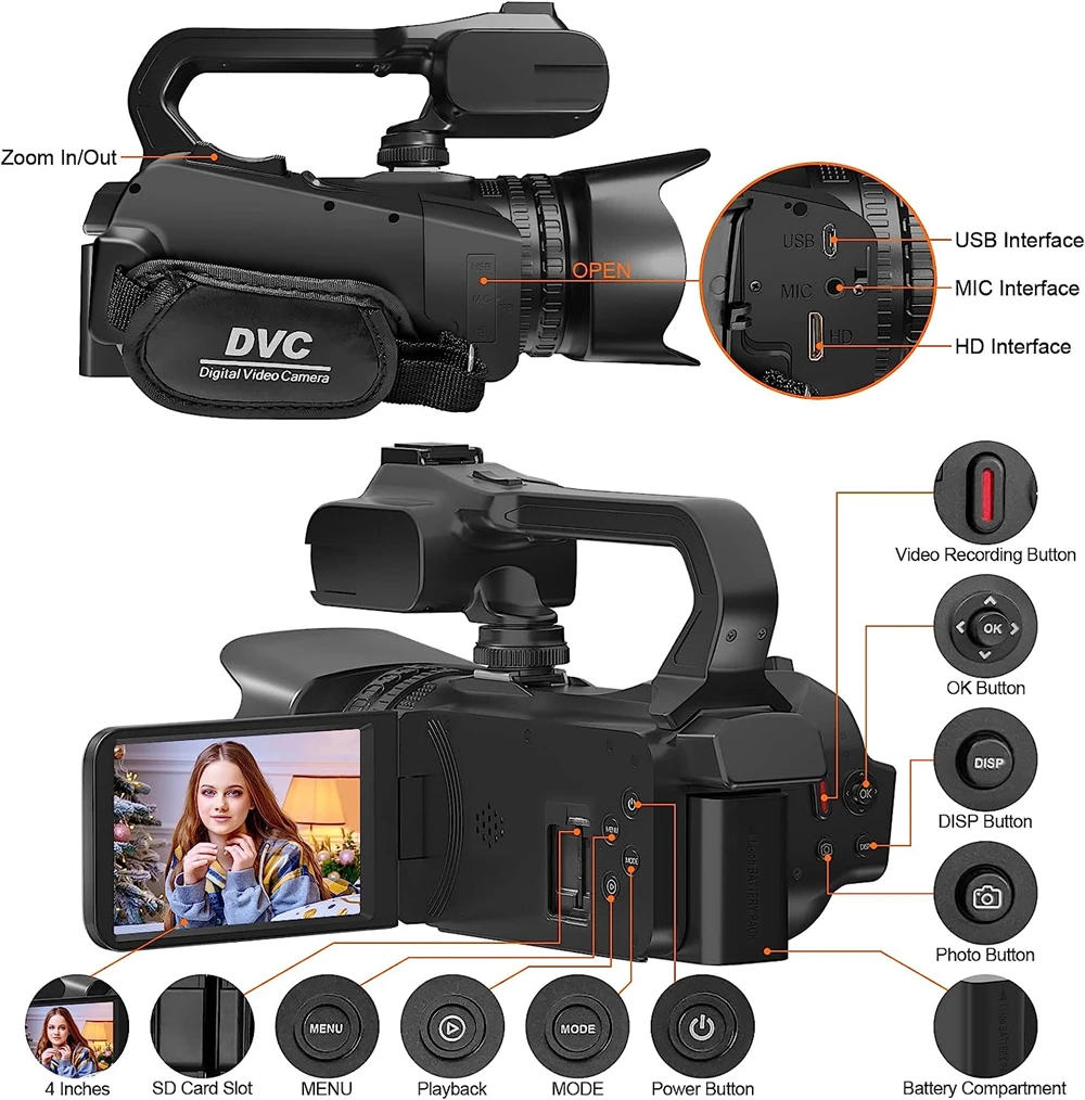 Câmera de fotografia profissional com Wi-Fi, filmadora Full HD, Youtube Video Live Streaming, câmeras digitais, ao ar livre Live Streaming, 4K