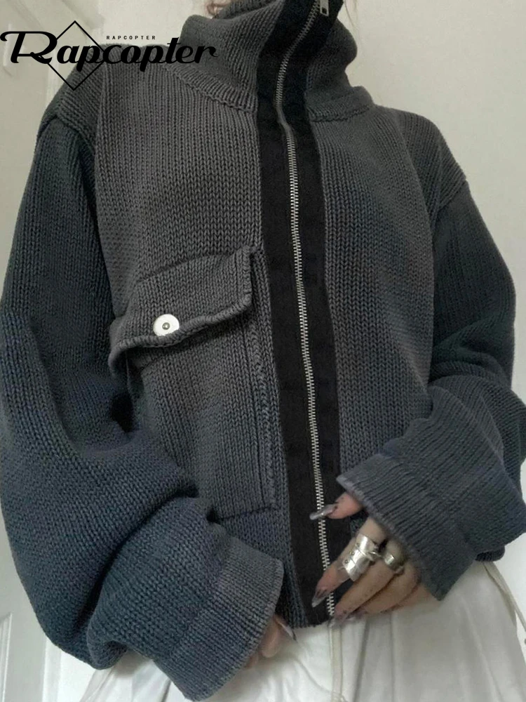 Rapcopter Y2k Big Pockets Cargo Jackets Loose Knitted Jumpers Punk