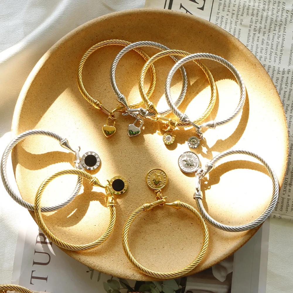 Trendy Charm Cuff Tie Knot Bracelets U Bangles for Women Gold Color 316L Stainless Steel Wire Thin Simple Bangles Jewelry 6