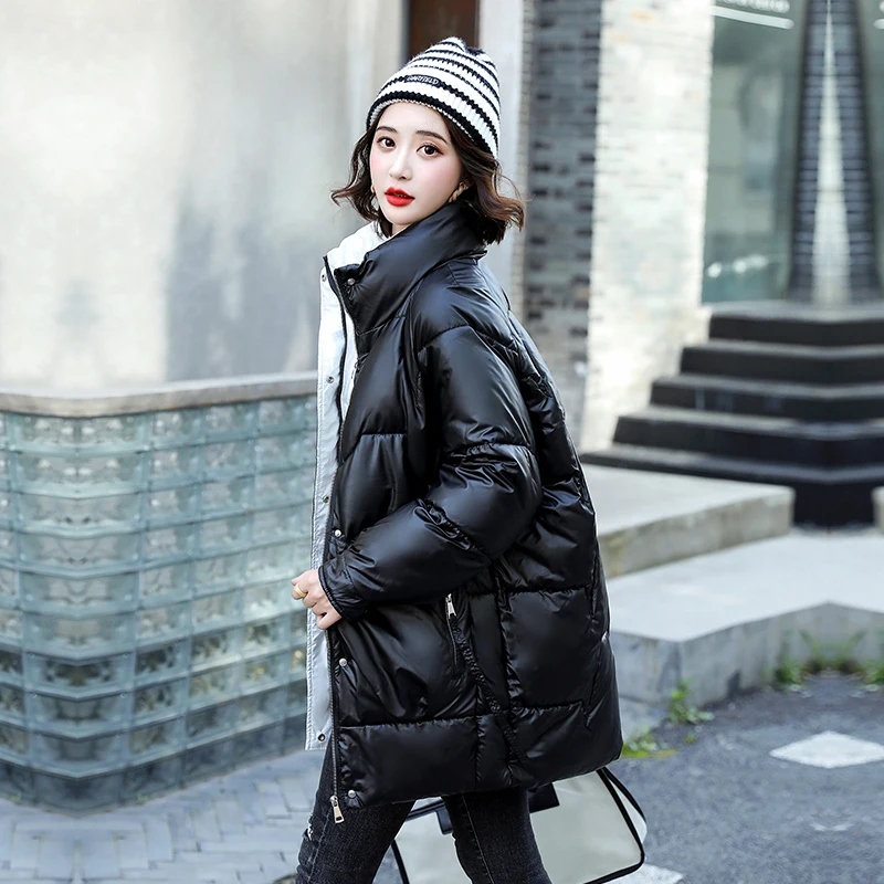 

Medium Long Glossy Thick Warm Winter Jacket Women Casual Loose Stand Collar Parka Coat Female Leisure