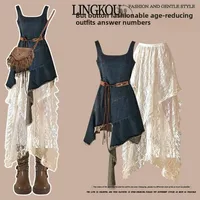 Fall Season High Waist ort Denim Skirt Set Women's Irregular Design Lace Dr Two-Piece Set Ele Feeling Dr Code