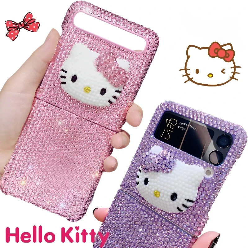 

Kawaii Sanrio Hello Kitty Блестящий женский чехол для Samsung S22ultra девушка аниме S22 21 20 Zflip5 4 3 защитная задняя крышка