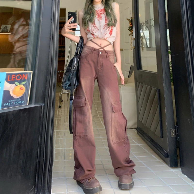 

Women Clothing 2023 New Fashion American Retro Gradient Dark Brown Jeans High Waist Loose Wide Leg Pants Pocket Overalls Ladies
