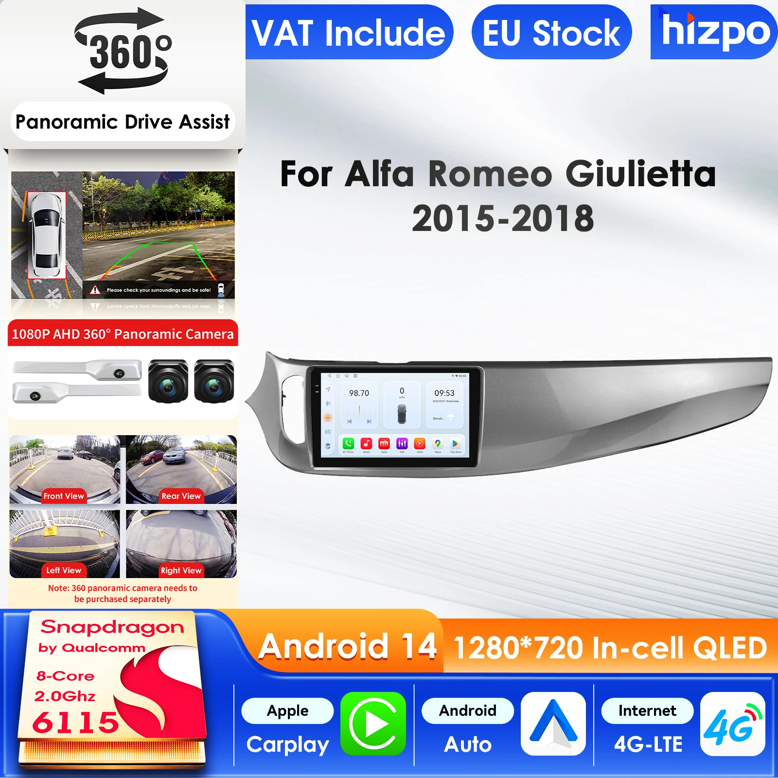 Hizpo Android14 Auto-Multimedia-Player für Alfa Romeo Giulietta 2015–2018 Furgonato Carplay 4GIntelligent Screen Autoradio 360Cam