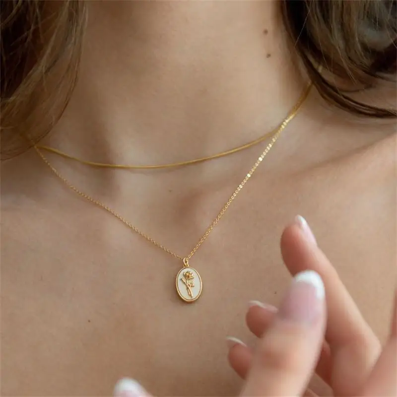 Fashion 12 Month Birthday Flower Pendant Necklace Geometric Stainless Steel White Shell Birthstone Choker Birthday Gift Jewelry