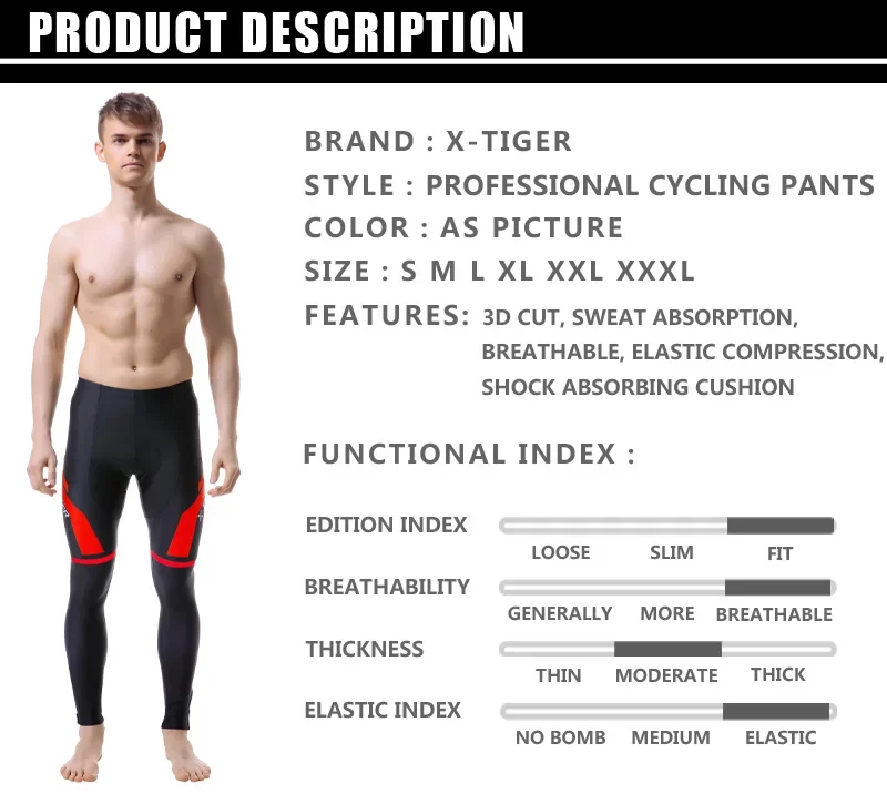 Description Picture 5 of itemX-TIGER Cycling Pants 5D Gel Pad Shockproof Men Pro Lycra MTB Mountain Road Bike Pants Breathable Bicycle Tights