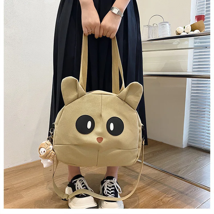 khaki color cat canvas tote bag with ears