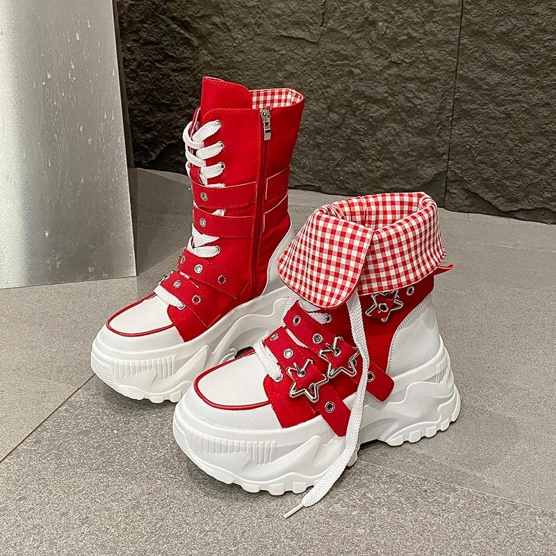 Women's Platform Boots New Round Head Belt Buckle Locomotive Boots European and American Thick-soled Boots for Women Botas Mujer