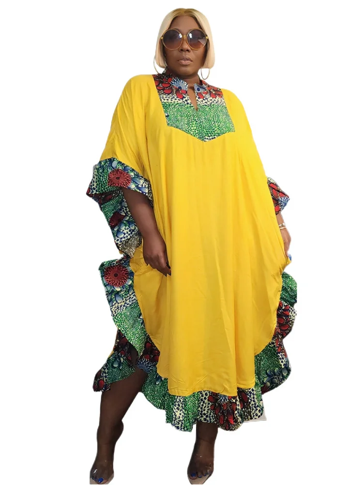 Wmstar Plus Size Dress Women Patchwork Africa Maxi Dress Outfits Formal V Neck Loose Floral Print Elegant Wholesale Dropshipping