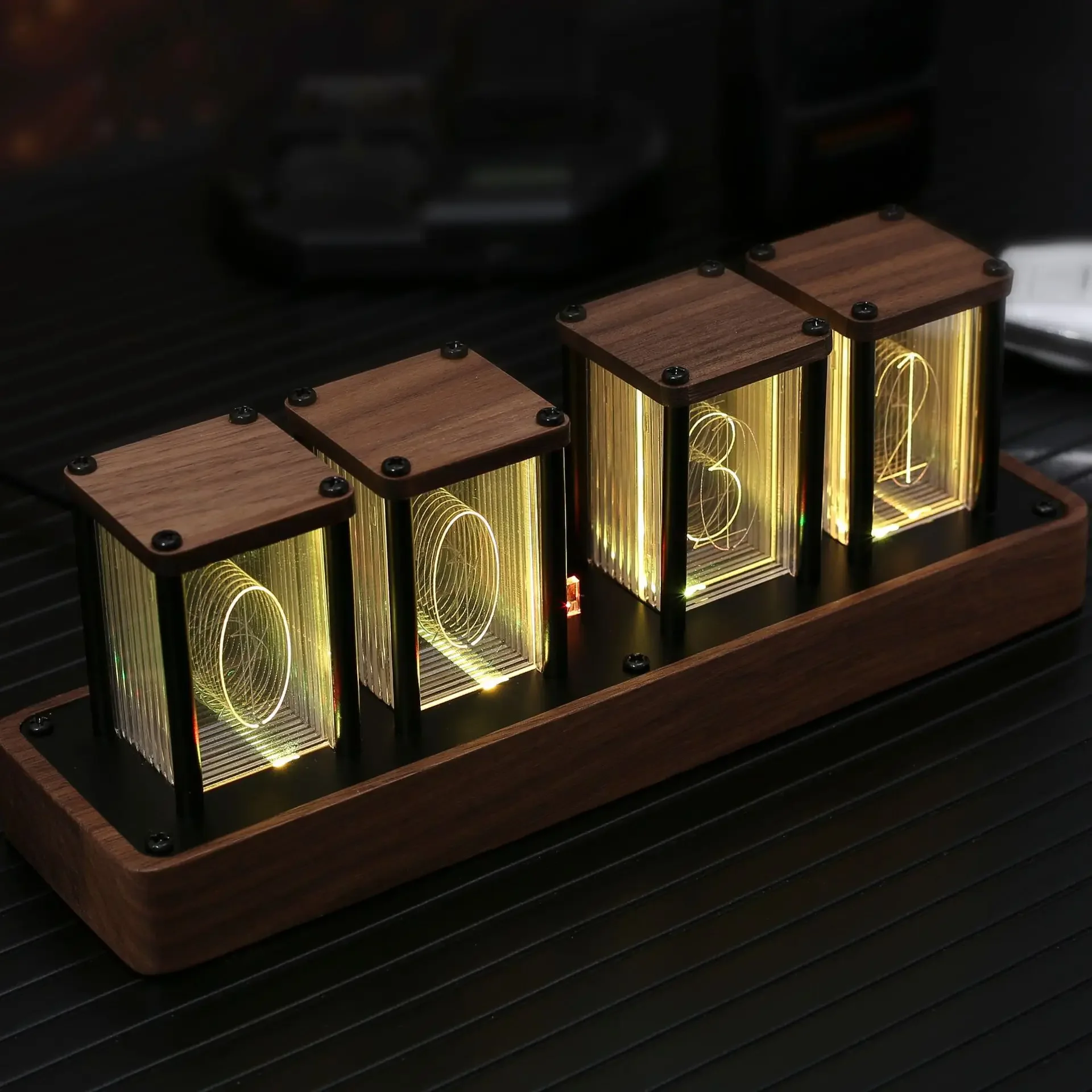Design of Light Emitting Tube Walnut Electronic Clock Office Table LED Digital Clock Table Clock A four tube 26X6X8CM  