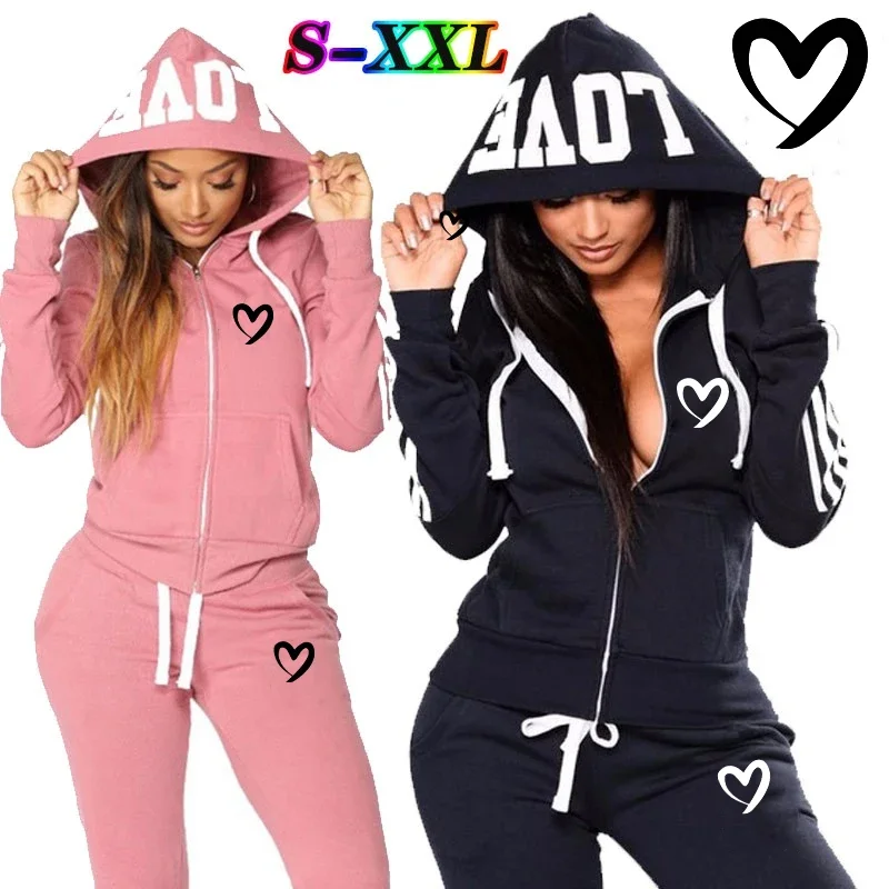 Ladies Zipper Coat Suit Heart Printed Hooded Tracksuit Fashion Striped Hoodies and Jogger Pants Daily Casual Women's Outfits 2023 new printing men goldwing gl 1800 motocycles print fashion gradient color zipper hoodies leisure tracksuit sweatpants suit