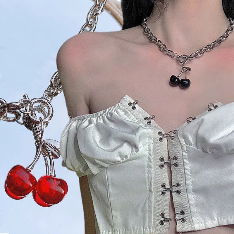 Korean Vintage Red Cherry Pendant Necklace Y2k Gothic Charm Choker Chains Necklace Earrings for Women Girl Party Fashion Jewelry