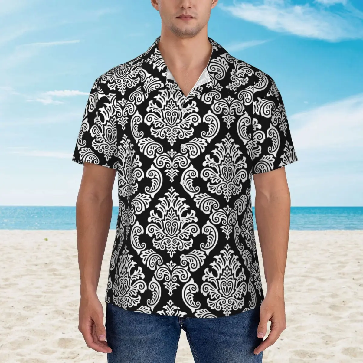 

Hawaiian Shirt Beach Baroque Print Blouses White And Black Retro Casual Shirts Man Short Sleeve Stylish Tops