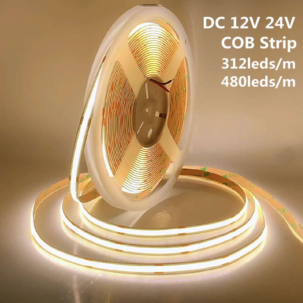 No-Pressure-Drop-10m-COB-LED-Strip-DC-12V-24V-312leds-m-480leds-m-High ...