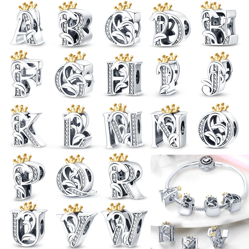 

Real 925 Sterling Silver Golden Crown 26 English Letters Beads Charms Fit Original Pandora Bracelet Necklace Diy Jewelry Making