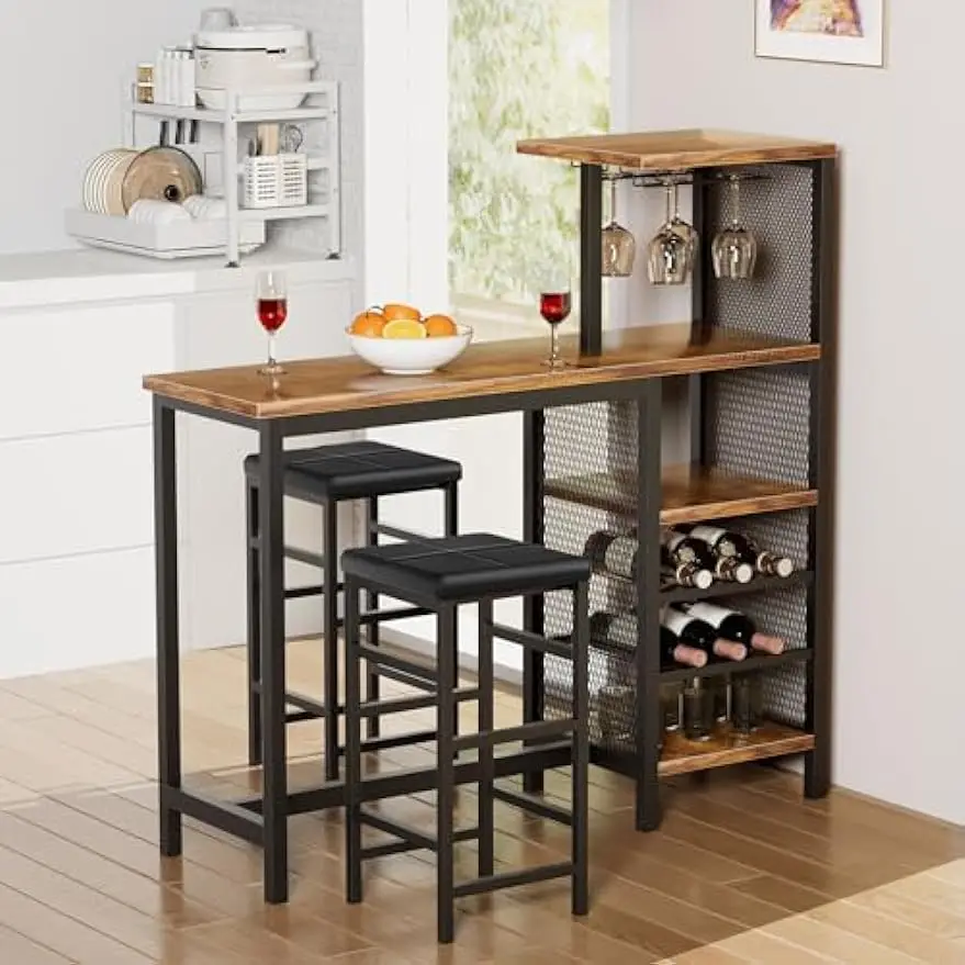 VECELO Bar Table and Chairs Set for 2 Tall Kitchen Counter Dining with Storage Shelves, Cup Holder & Wine Rack, PU Leather mobili per la casa meja storage dolabi mesa cocina mobilya table meube rack shelves commercial furniture bar shelf wine cabinet