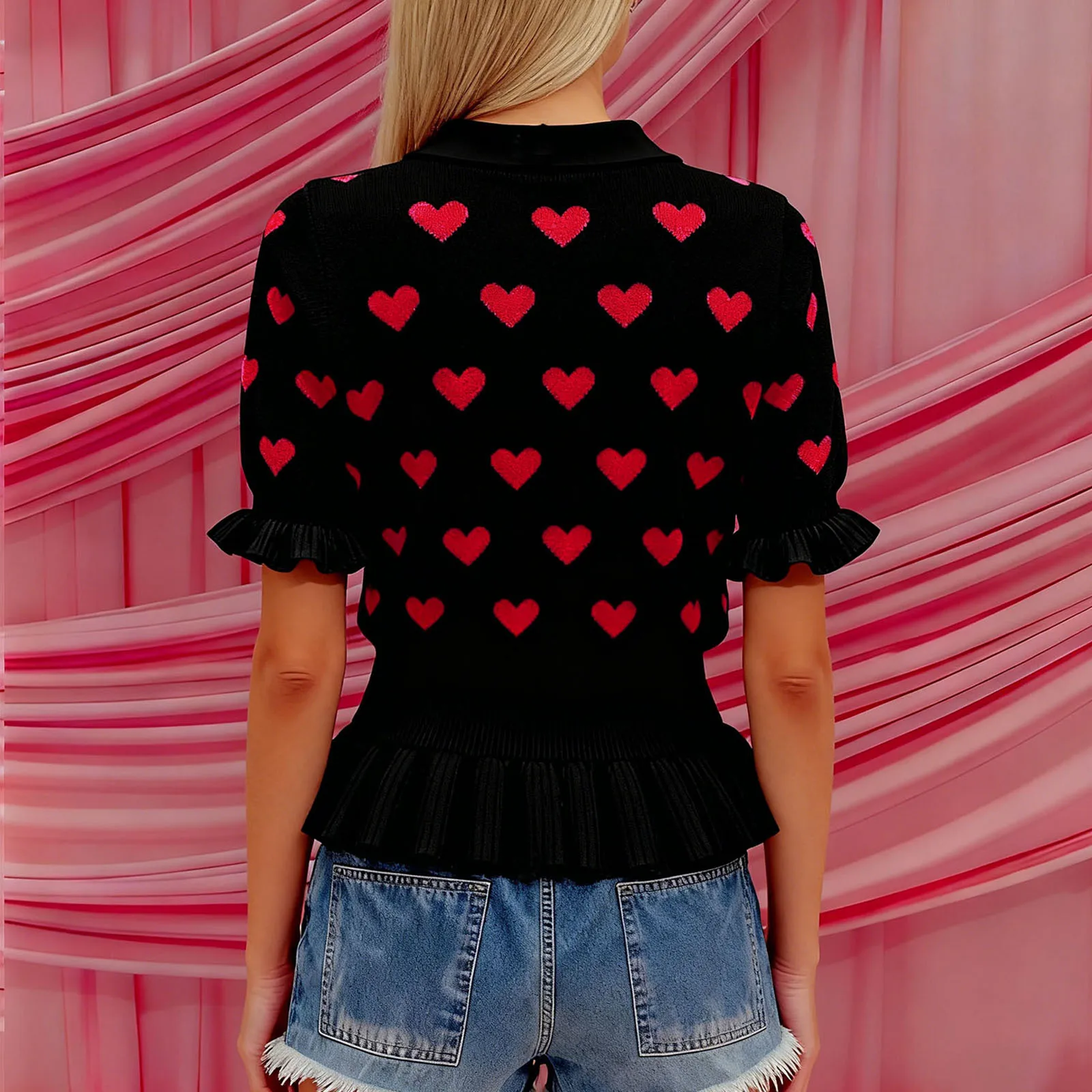 여성용 발렌타인 니트 가디건 스타일리시한 하트 패턴 러플 헴 버튼 다운 브이넥 반소매 스웨터 재킷