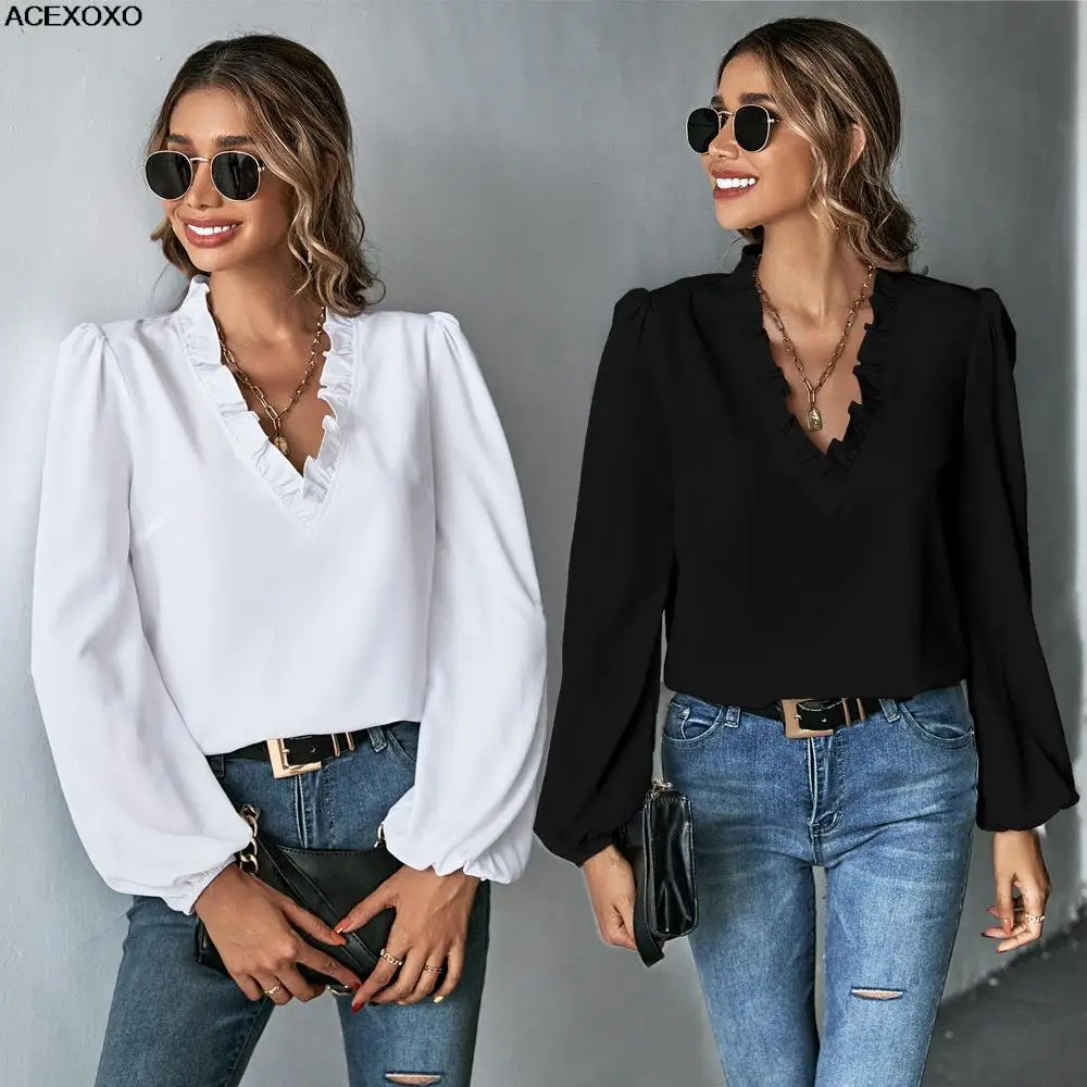 

Europe and the United States hot style falbala v-neck dress 2023 loose commuter ms long-sleeved shirt jacket