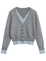 CHIC VEN femmes Cardigan décontracté col en v simple boutonnage contraste femme tricoté chandails à manches longues pulls printemps automne 5