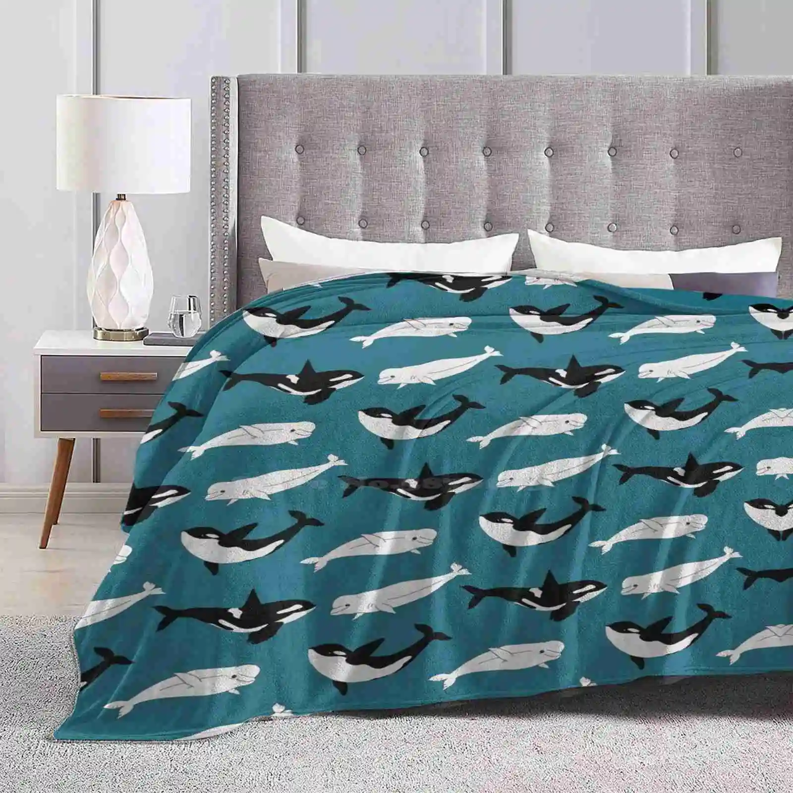 Belugas & Orcas On Teal Nuovo Arrivo Moda Tempo Libero Caldo Flanella Coperta Orca Killer Balene Beluga Balene Nuoto Teal Fish