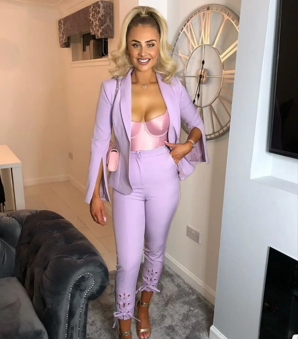 Fashion Purple Women Blazer Suits with Belt Sexy V Neck Formal Office Lady Pants Suit Prom Party Wedding (Jacket+Pants)