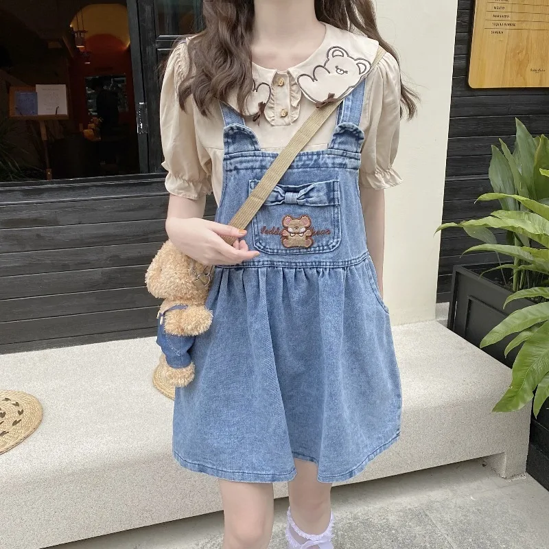 

2023 New Summer Korean College Style Jumpsuit Jeans Jacket Casual Girls Blue Jeans Shorts Women's