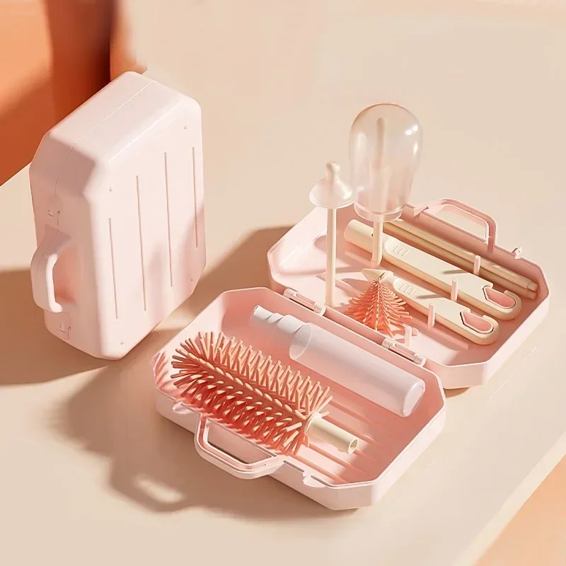 Bottle Drying Rack Baby Bottle Drying Rack Feeding Bottle Drying Rack 6-in-1 Baby Bottle Drying Rack Portable Cleaner Set with Cup Drain Cleaning Storage Box Silicone Bottle Cleaning Brush Tool Set