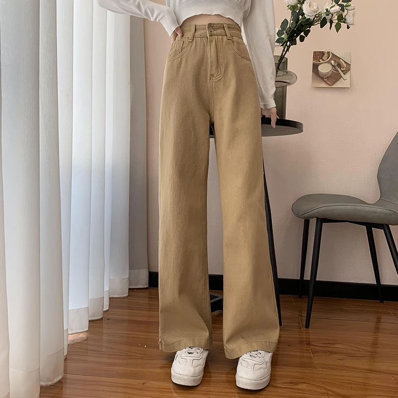Wide Leg Khaki Jeans Women 2023 Spring and Autumn New Korean Style High