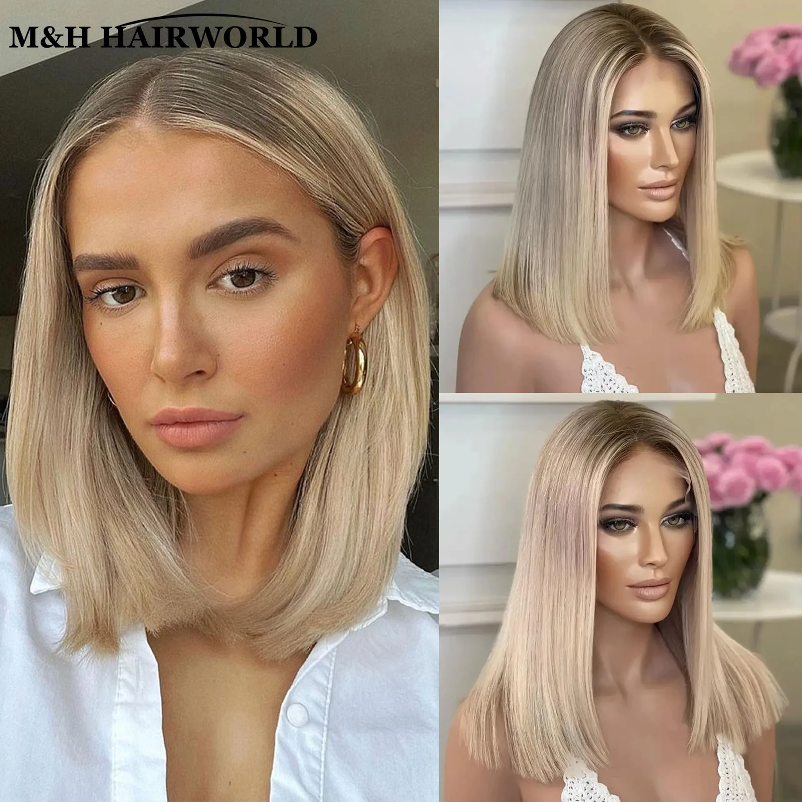 Ash Blonde Highlight Color Short Straight Bob Lace Front 
