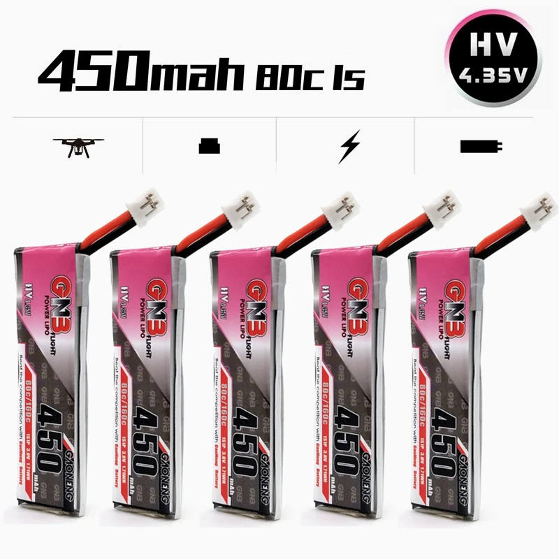 

GAONENG HV 3.8V 450mAh 80C MAX 160C 4.35V Lipo Battery For FPV Racing Drone M80S Tiny7 Beta75S Emax Tinyhawk Snapper7 Drone 5Pcs