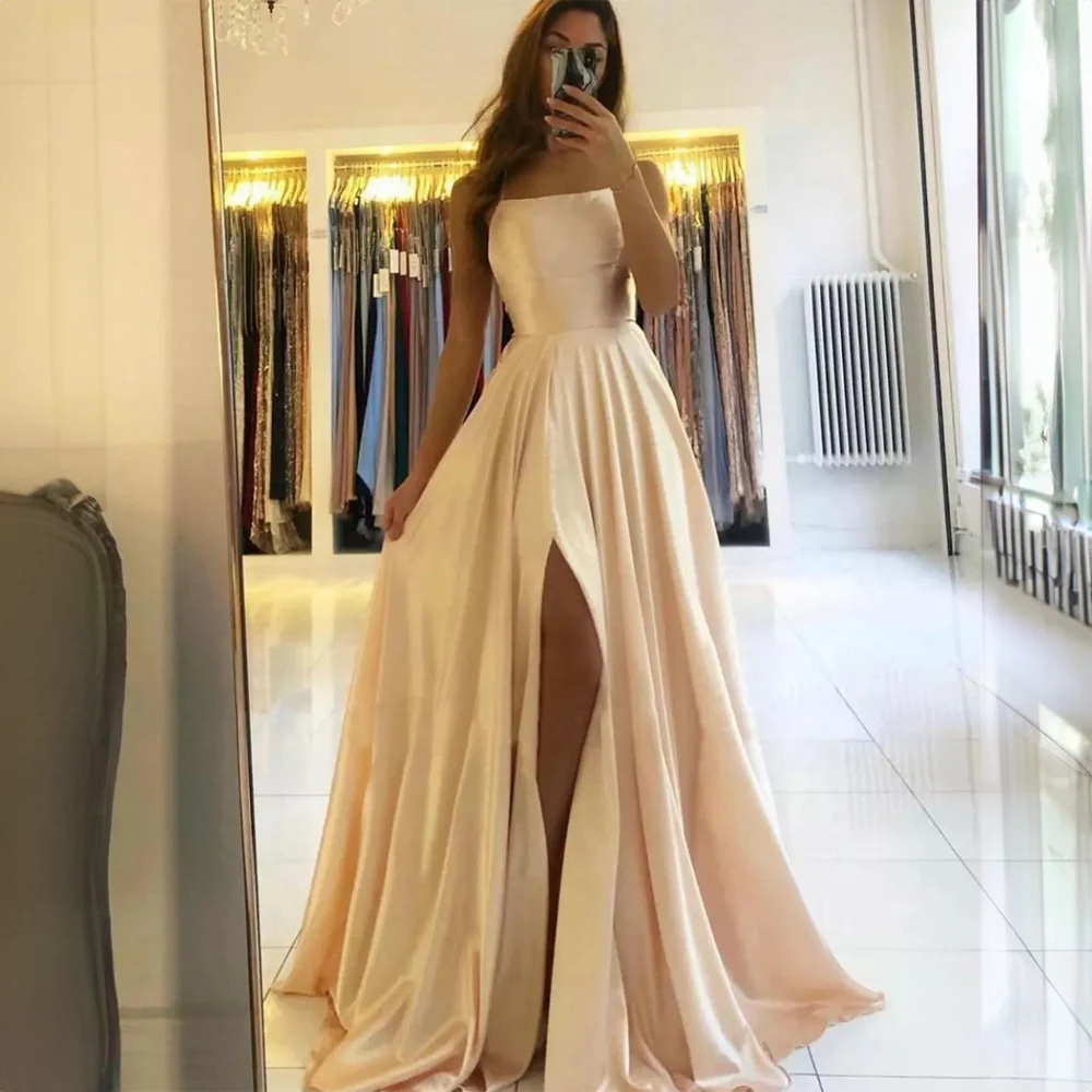 

Spaghetti Straps Satin Simple Evening Dress for Women Side High Split Evening Gown Floor-Length Court A-line Party فساتين طويلة