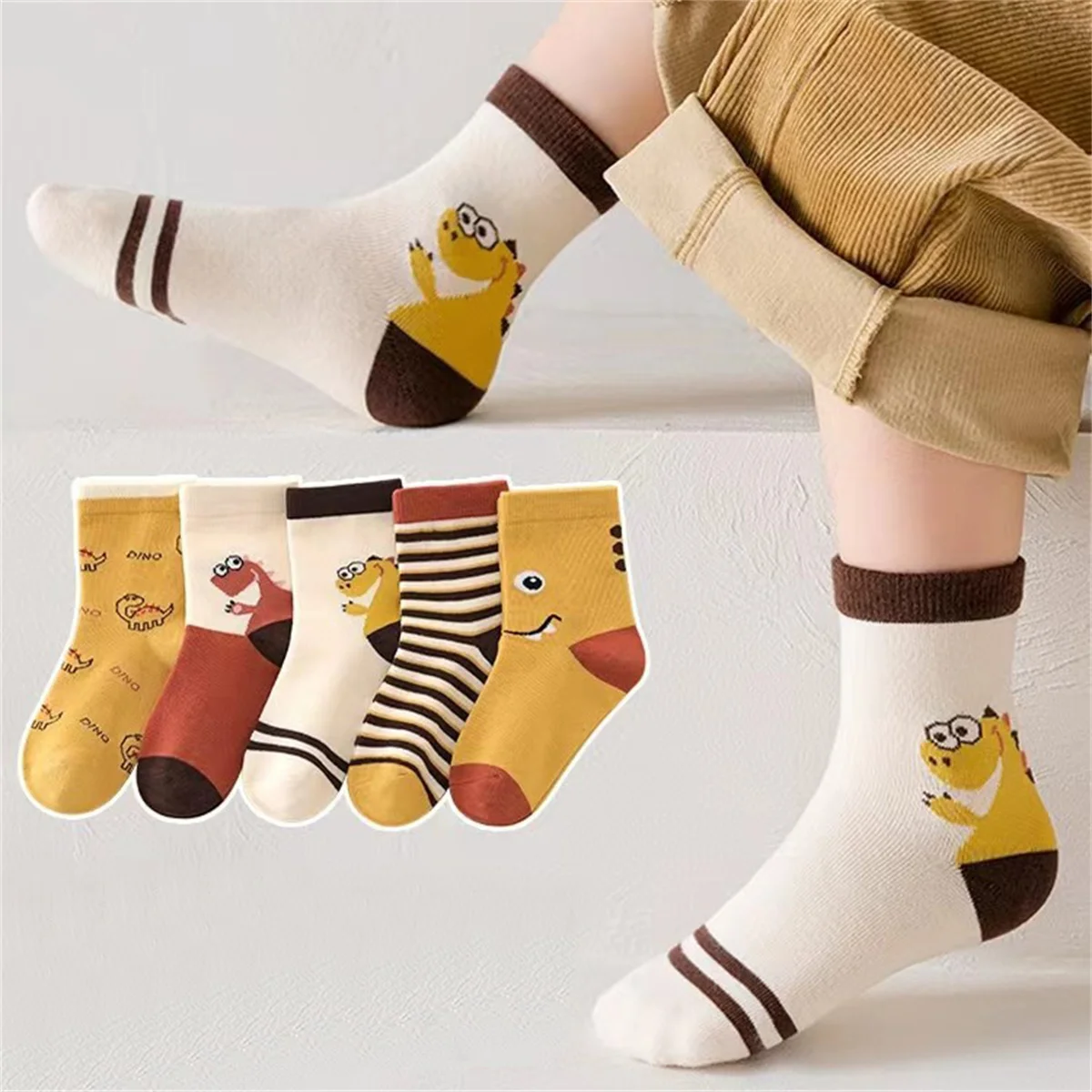 Kids Socks 5-Piece Set Autumn And Winter Cartoon Toddler Dinosaur Print Comfortable Stockings Casual Daily Socks All Seasons