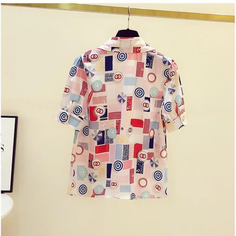 Retro Summer Printed Women's POLO Collar Pocket Fashion Versatile Short Sleeved Loose Single Row Multi Button Chiffon Shirt Tops