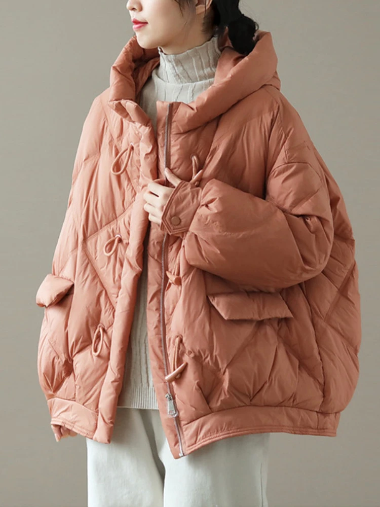 

Women Short Puffer Coat Winter Hooded Fashion Loose White Ducks Down Jacket Female Plaid Oversize Snow Outwear Parkas