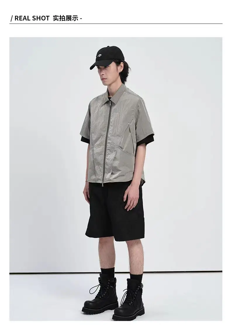 C  Piece splicing deconstruct design short sleeved shirt nylon material high-end casual minimalist