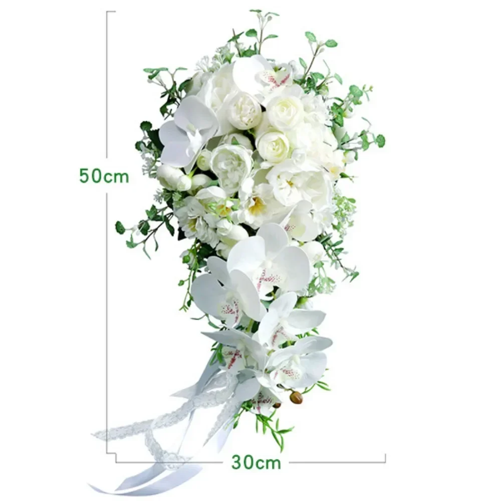 Simple White Moth Orchid Wedding Bouquets for Wedding Ceremony Silk Rose Water Drop Waterfall buqu&ecirc; de noiva para casamento